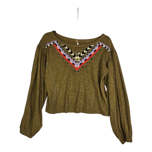 Free People Tops - Free People Women's XS Olive Moss Embroidered Long Sleeve Crop Top